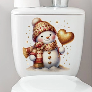 Detail of cute Christmas snowman sticker with golden hearts on a white toilet tank