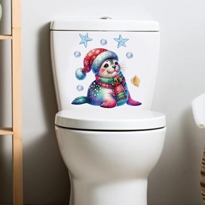 Sticker de toilette phoque de Noël avec bonnet de Père Noël pour décor de salle de bain