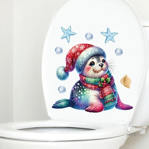 Autocollant WC phoque de Noël avec animaux marins colorés et chapeau de fête