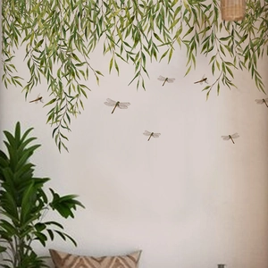 Bamboo leaves and dragonfly wall stickers in living room with realistic green plant design