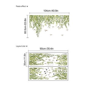 Green willow leaves and dragonfly wall sticker with dimensions for home decor