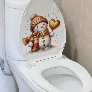 Detail of Christmas snowman toilet lid sticker with gold heart balloon and stars