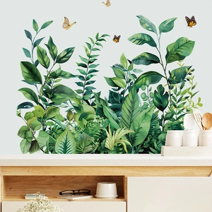 Tropical green leaves and orange butterflies wall stickers for home living room decor