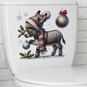 Christmas snowman donkey sticker decoration on white toilet with snowflakes and winter berries