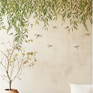 Detail of green dragonfly and willow wall decals on a minimalist textured wall