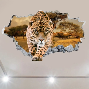 3D broken wall leopard sticker with savanna sunset landscape for home wall decor