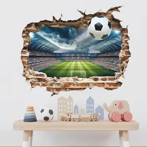 3D Visual Broken Wall Soccer Wall Sticker Removable PVC Football Pitch Mural For Boys Bedroom Living Room Home Decor Art