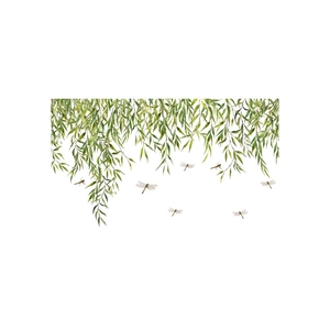 Green bamboo leaves and flying dragonflies wall sticker for home living room decoration