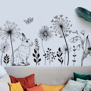 Adesivo da Parete Pasquale Con Coniglio Fiori Farfalla Schizzo Disegnato a Mano PVC Decalcomania Per Soggiorno Camera da Letto