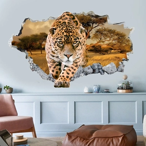 3D cracked wall decal featuring a leopard walking through an African savanna background