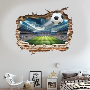 3D soccer wall decal showing a breaking brick wall effect with stadium and blue sky background
