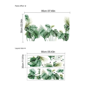 Tropical monstera and palm leaf wall stickers with layout and finished effect size