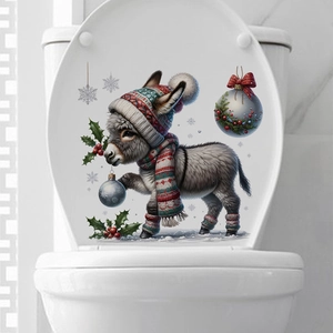 Detail of Christmas donkey toilet lid sticker with festive hat, scarf and snowflakes