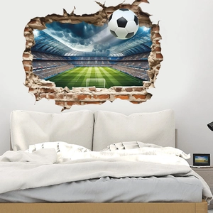 Detailed 3D broken wall soccer wall sticker with football field and blue sky visual