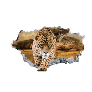 3D wall sticker featuring a powerful leopard breaking through a hole with savanna landscape