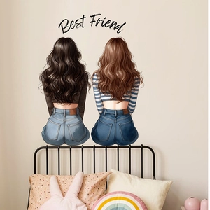 Minimalist wall sticker featuring two cartoon girls back view with Best Friend text