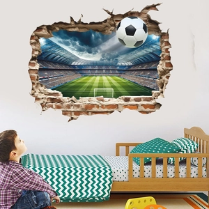 Detail view of 3D cracked wall football decal in kid's room showing soccer stadium effect