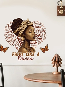 Détail du sticker mural femme africaine avec cœur de mots positifs et papillons oranges
