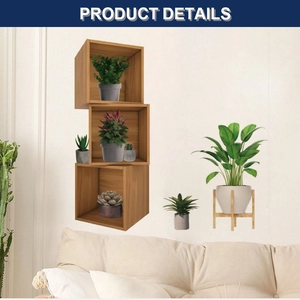 Detail of three-tier interlocking square wooden wall shelves with rustic grain texture