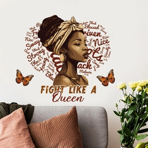Sticker Mural Reine Noire Papillon Cœur PVC Portrait Féminin Nuage de Mots Décalcomanie pour Salon Chambre Décoration