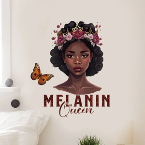 Melanin Queen wall sticker with floral crown and butterfly for bedroom home decor