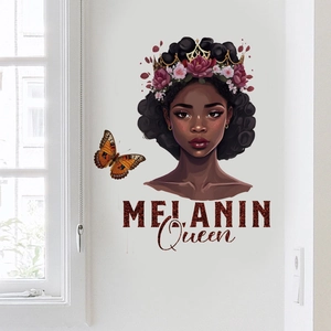 Black Melanin Queen wall decal with floral crown and butterfly for bedroom decor