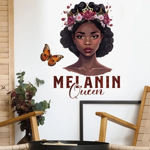 Detail of Melanin Queen wall decal with pink floral crown and 3D butterfly stickers