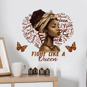 Sticker mural portrait femme noire avec mots en forme de cœur et papillons oranges
