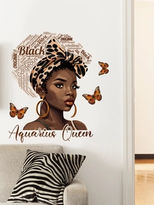 Detail of Aquarius Queen wall decal with leopard headscarf and butterfly accents