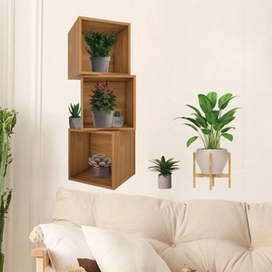 3D wooden shelf wall stickers with green potted plants for living room decor