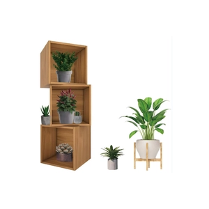 Three-piece square wooden wall shelves with potted green plants for home decoration