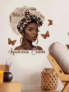 Detail of African Queen wall decal with leopard headwrap and text cloud on a white wall