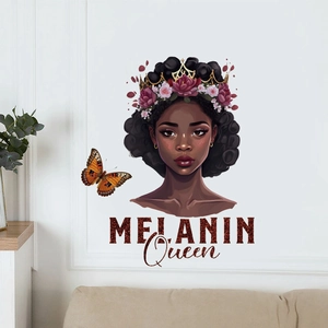 Melanin Queen wall decal with African woman wearing gold crown and flowers for room decor