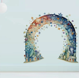 Creative rainbow star wall sticker with fairy tale houses in a dreamy arch design