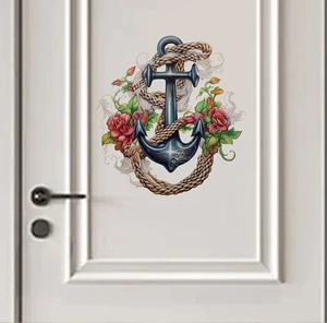 Sticker mural d'ancre nautique avec roses rouges et corde sur une porte blanche