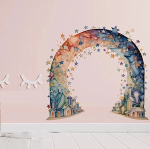 Detail of rainbow arch wall decals with stars and cartoon houses for kids bedroom