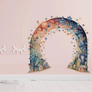 Cartoon star rainbow arch wall sticker with mini houses for nursery room wall decor