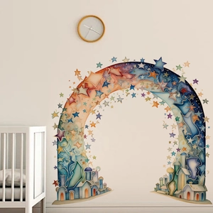 Cartoon rainbow arch wall sticker with stars and dream houses for kids' bedroom decor