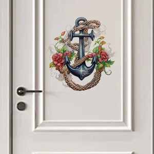 Sticker Mural Ancre Nautique Rose Fleur Autocollant Imperméable PVC Décalcomanie pour Porte Salon Chambre Décoration