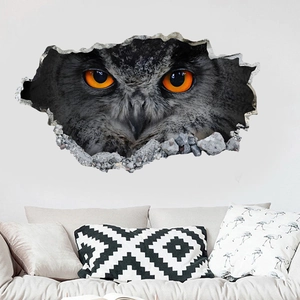 Adesivo da Parete Gufo Realistico 3D in PVC Rimovibile Decalcomania Occhio di Animale Effetto Muro Rotto per Soggiorno Camera da Letto