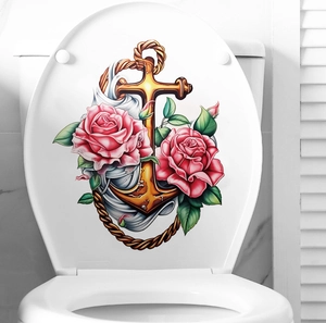 Detailansicht eines floralen Anker-Wandtattoos auf weißem Toilettendeckel mit Rosen