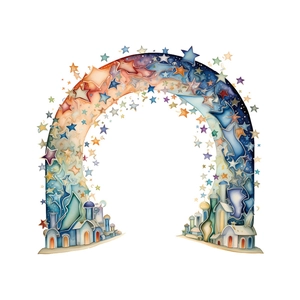 Cartoon star arch wall sticker with colorful miniature buildings for kids room decoration
