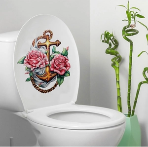 Detail von Blumen-Anker-Toilettendeckel-Sticker mit rosa Rosen und goldenem Seil-Motiv