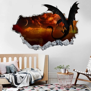 3D fire dragon wall sticker with cracked wall effect for modern living room decor