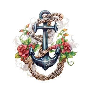Sticker mural nautique avec ancre bleue, corde marron et roses rouges sur fond blanc