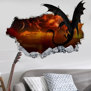 3D fire dragon wall sticker showing a black dragon breaking through a cosmic starry wall