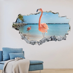 3D Flamingo Tropical Beach Wall Sticker Removable PVC Cracked Wall Effect Mural For Living Room Bedroom Home Wall Decor