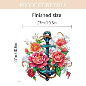 Close-up of vintage blue anchor wall decal with colorful flowers and rope detail