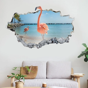 3D beach flamingo wall sticker detail showing tropical scenery through a broken wall effect