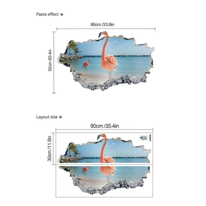 Detail of pink flamingo wall stickers with 3D beach scenery and layout dimensions